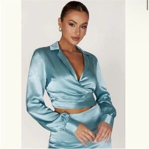 Meshki Blue Mini Skirt with Long Sleeve Wrap Style Top SET